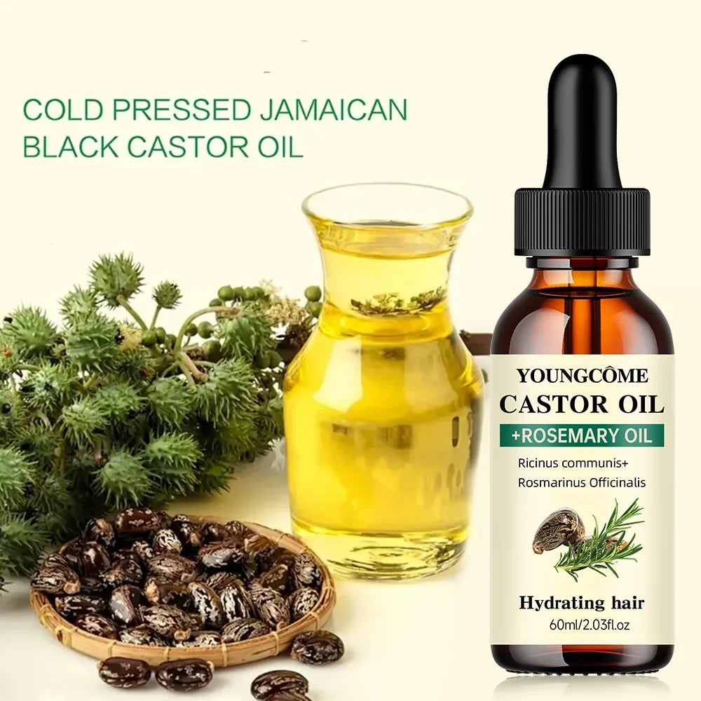 Cold pressed Jamaican black castor oil with a bottle and glass container on a white background