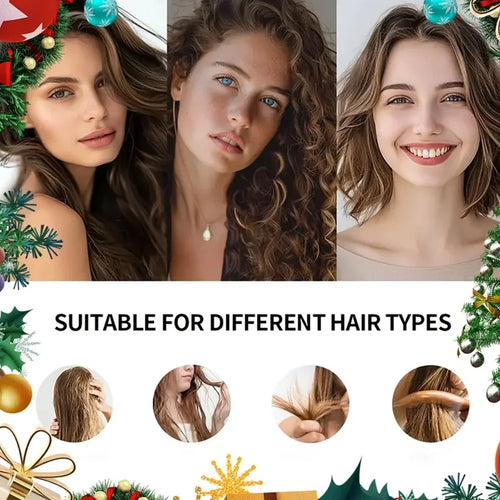 Three women with different hairstyles surrounded by Christmas decorations with text 'Suitable for different hair types'.