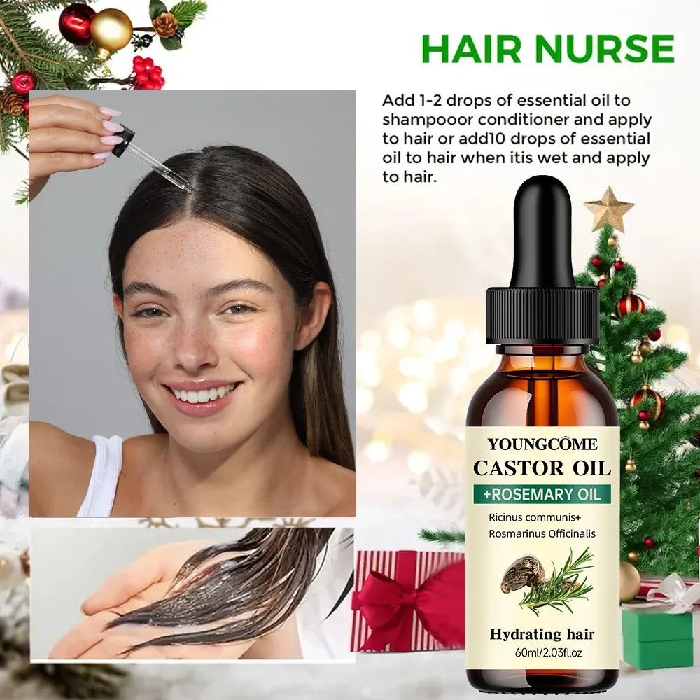 Hair care product advertisement, including a bottle of oil and instructions for use, with Christmas decorations in the background.