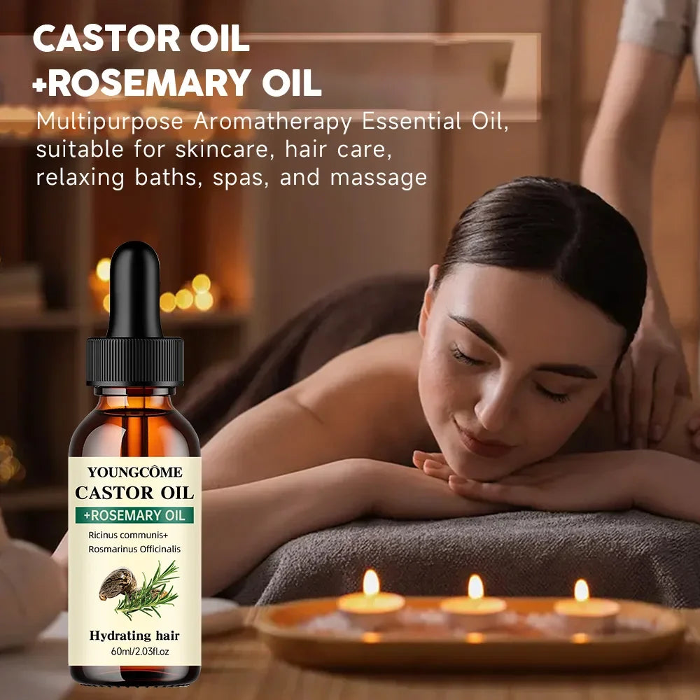 Bottle of  Castor Oil with Rosemary Oil next to a woman receiving a massage in a spa setting.